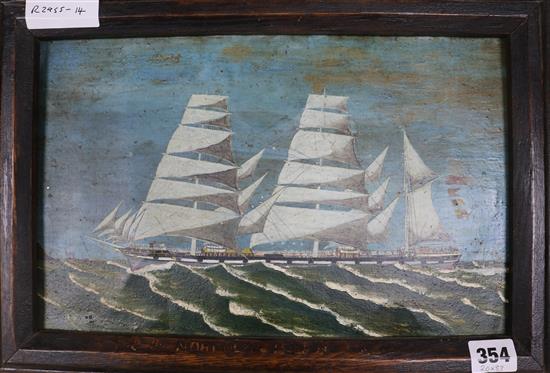 Naive oil of Steamship - steel barque, Norfolk Island c.1890, 20 x 33cm